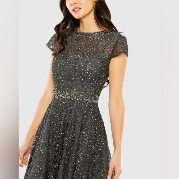 NWT $698 MAC DUGGAL Gray Embellished Cap Sleeve A Line Dress MIDI TEA 20371 - Picture 3 of 5